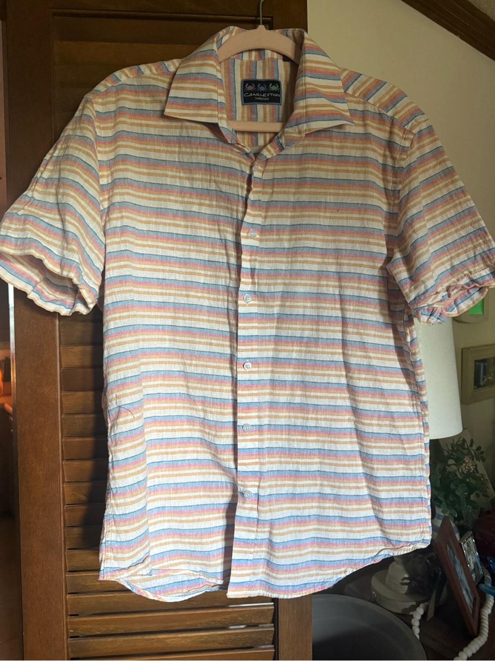 Charleston Threads short sleeve stripe shirt linen/cotton blend size Large EUC